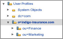 Screen capture showing mirrored LDAP objects in the Administration Console when using Oracle Directory Server